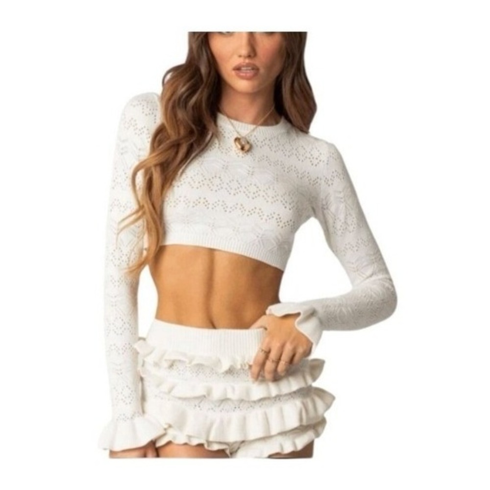 Edikted Delana Embroidered Crop Top White Knit Fluted‎ Long Sleeves XS